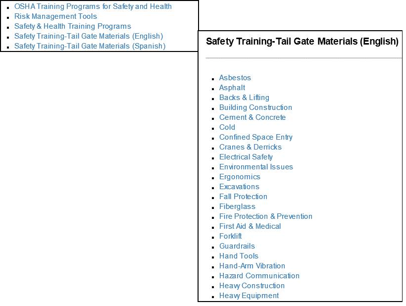 Safety Training Menu